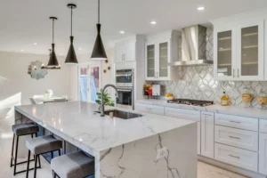 Remodeled kitchen with new cabinets and countertops