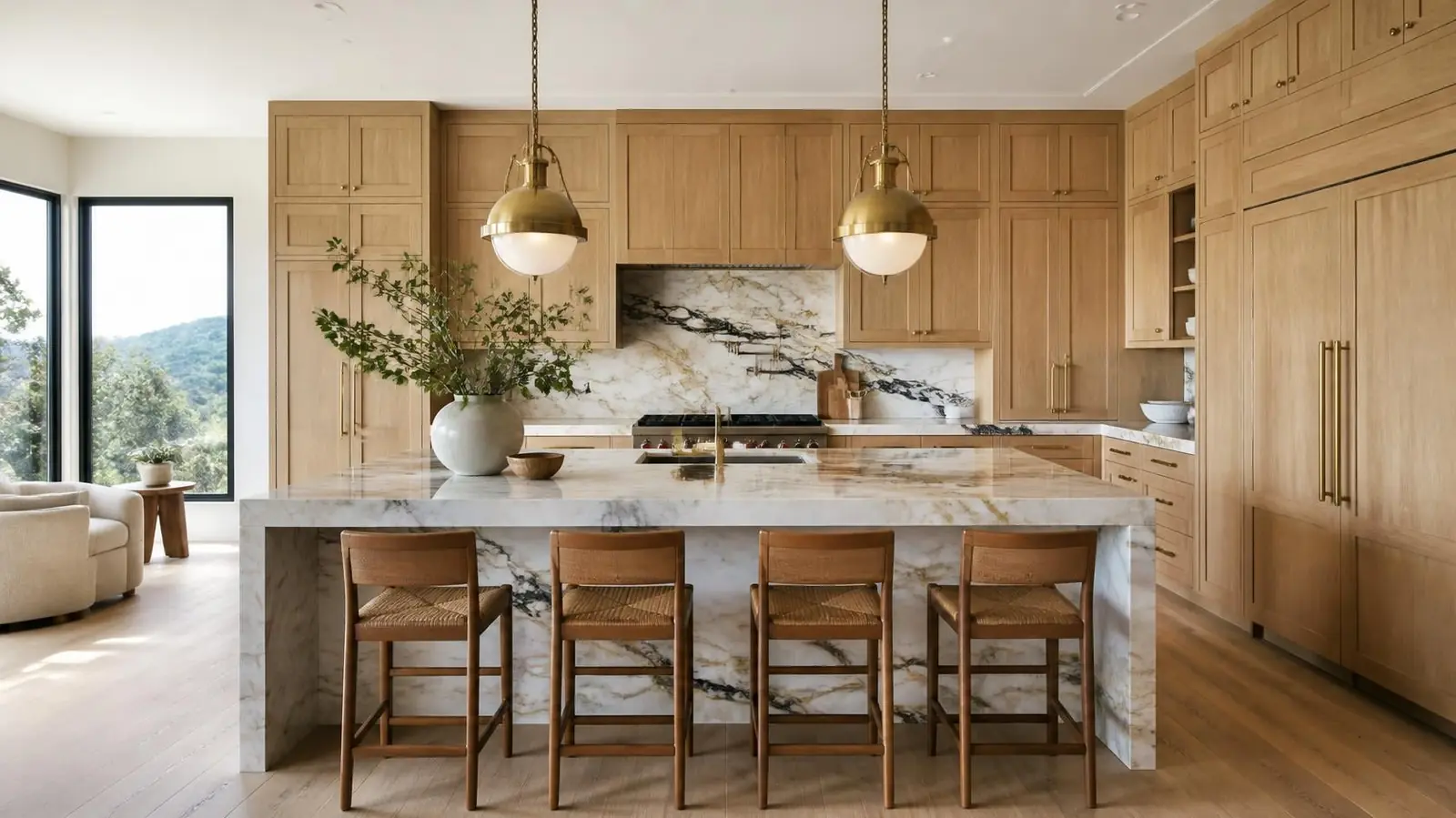 Custom kitchen with white oak cabinets to the ceiling, a large waterfall quartzite island with four stools, brass pendant lights, and a matching stone backsplash.