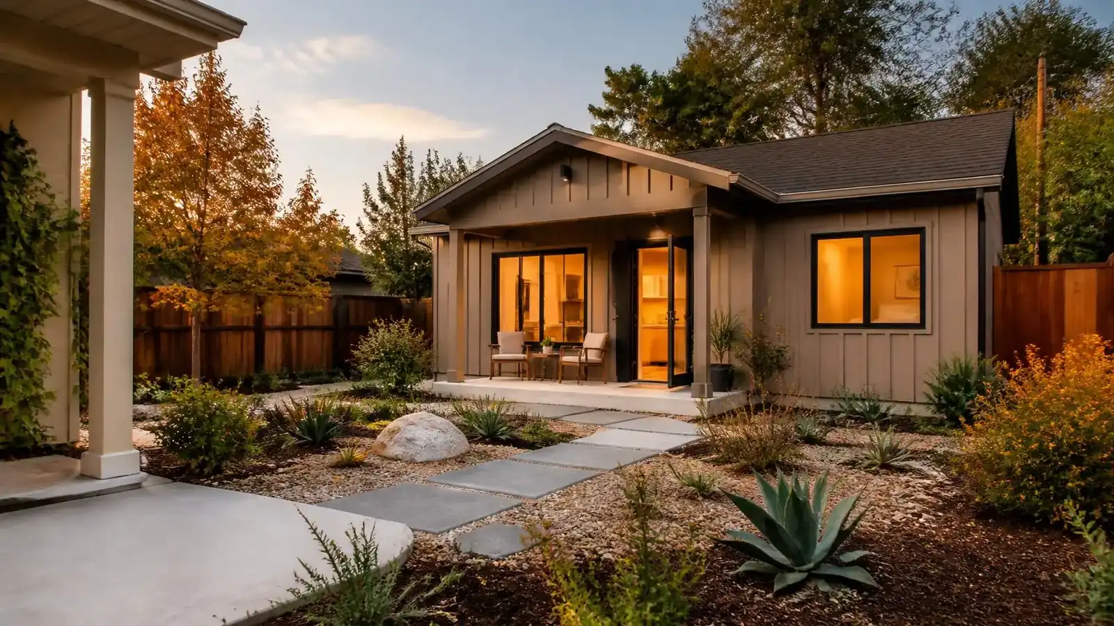 Detached backyard ADU cottage on a Bay Area lot with board-and-batten siding, large windows, a covered porch, and drought-tolerant landscaping.