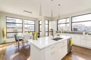 Modern remodeled kitchen with large windows in a Bay Area home