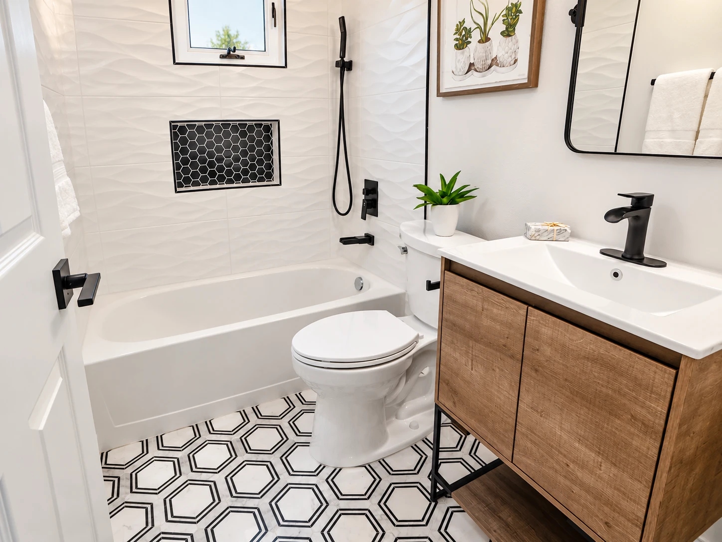 Modern bathroom with a white bathtub, wood vanity, black fixtures, geometric floor tile, and textured white shower walls.