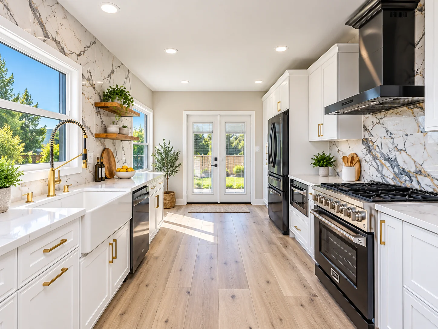 Modern white galley kitchen remodel with marble-look backsplash, brass fixtures, farmhouse sink, and black appliances.