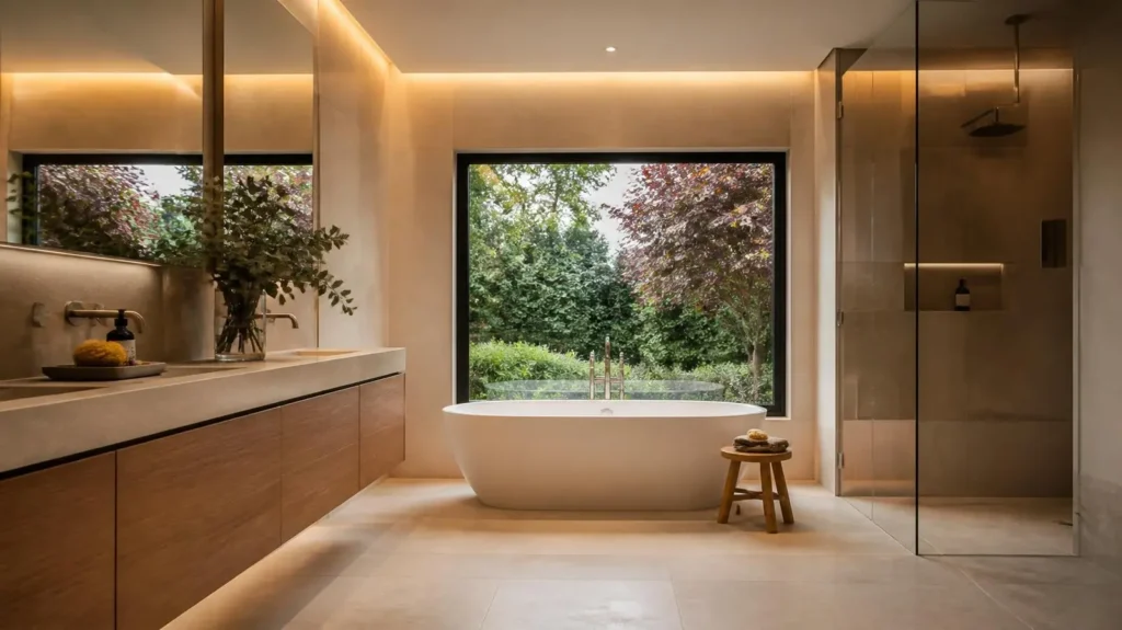 Spa-inspired bathroom with a freestanding soaking tub under a large garden window, warm oak floating vanity, stone-look porcelain tile, and soft cove lighting.