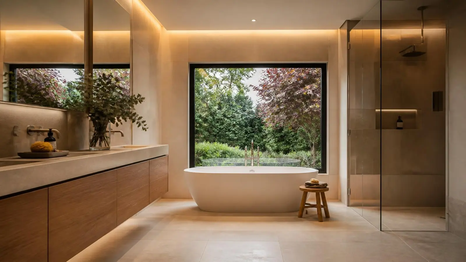 Spa-inspired bathroom with a freestanding soaking tub under a large garden window, warm oak floating vanity, stone-look porcelain tile, and soft cove lighting.
