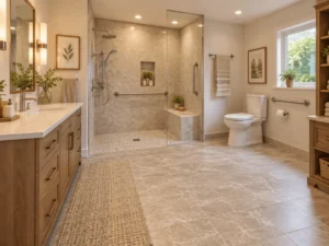 Accessible bathroom with a curbless walk-in shower, built-in bench, grab bars and a wide open tile floor layout.