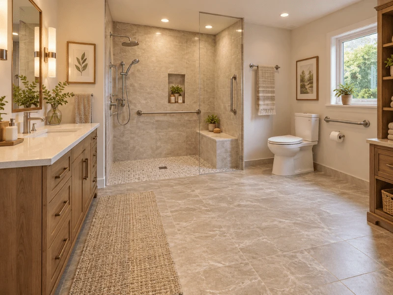 Accessible bathroom with a curbless walk-in shower, built-in bench, grab bars and a wide open tile floor layout.