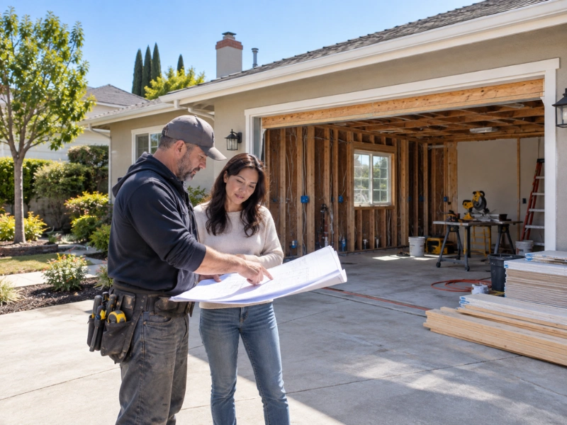 Contractor and homeowner reviewing plans in front of a garage being converted into an ADU, with exposed framing and tools inside.