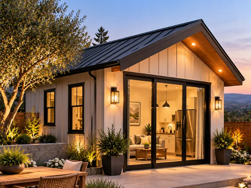 Backyard accessory dwelling unit with white board and batten siding, a standing seam metal roof, and black-framed glass doors, lit up at sunset.