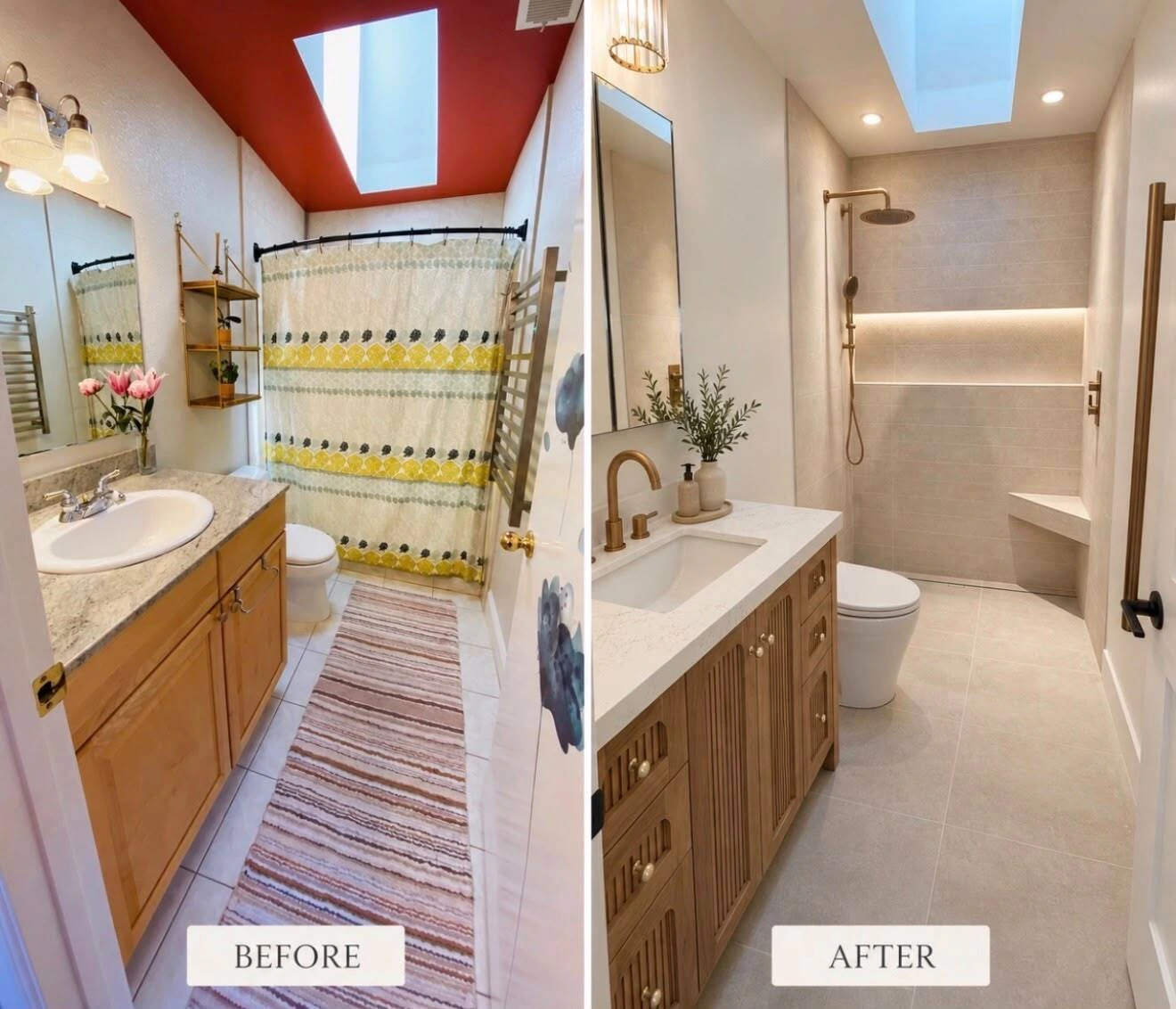 Before and after bathroom remodel showing a dated tub with a shower curtain, red ceiling and oak vanity transformed into a curbless walk in shower with beige tile, a built in bench, a lit niche, brushed gold fixtures, a fluted wood vanity with a white quartz top, and large format porcelain floor tile under the skylight
