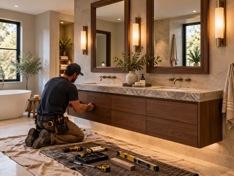 Contractor installing a wall-mounted walnut double vanity with a stone countertop, framed mirrors and wall sconces in a primary bathroom