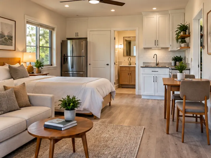 Finished garage conversion in Castro Valley transformed into a bright studio ADU with a sleeping area, kitchenette, seating, and bathroom.