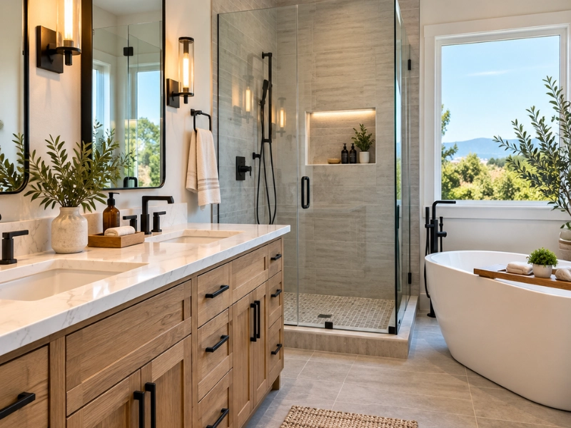 Remodeled Fremont bathroom with a double oak vanity, glass walk-in shower with niche and freestanding tub by a window.