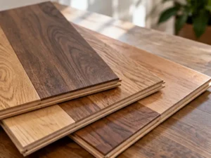 Stack of hardwood flooring samples in light, medium, and dark oak stains showing grain patterns and tongue-and-groove edges.