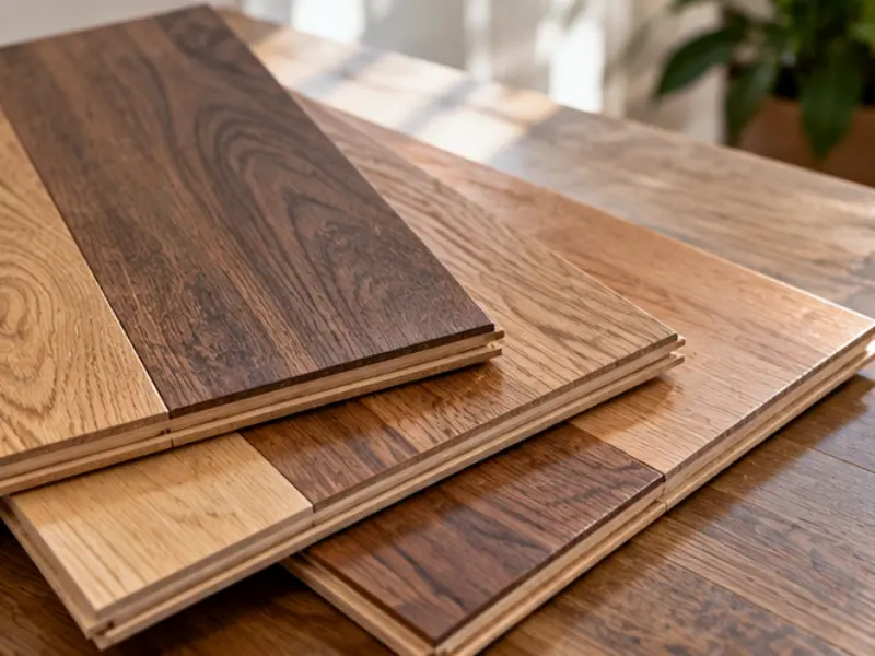 Stack of hardwood flooring samples in light, medium, and dark oak stains showing grain patterns and tongue-and-groove edges.