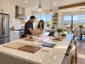 Remodeling contractor reviewing floor plans with a homeowner while comparing cabinet door styles and countertop samples on a kitchen island.