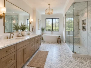 Luxury primary bathroom remodel with marble glass shower, freestanding tub, double vanity, and patterned floor tile.