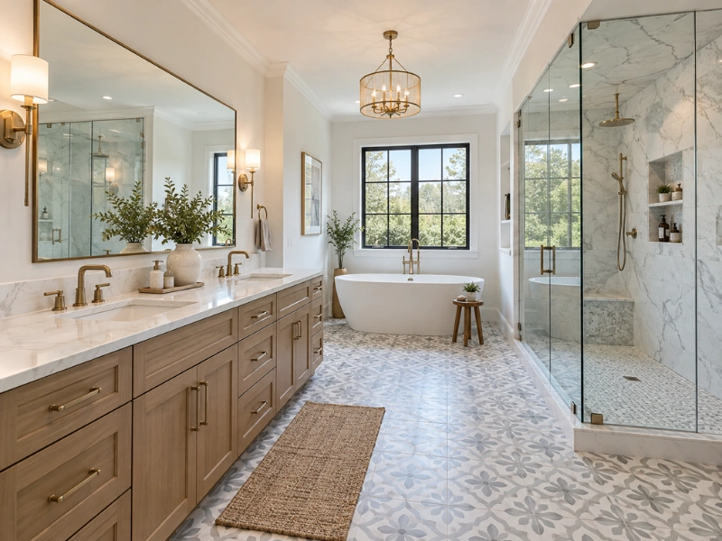 Luxury primary bathroom remodel with marble glass shower, freestanding tub, double vanity, and patterned floor tile.