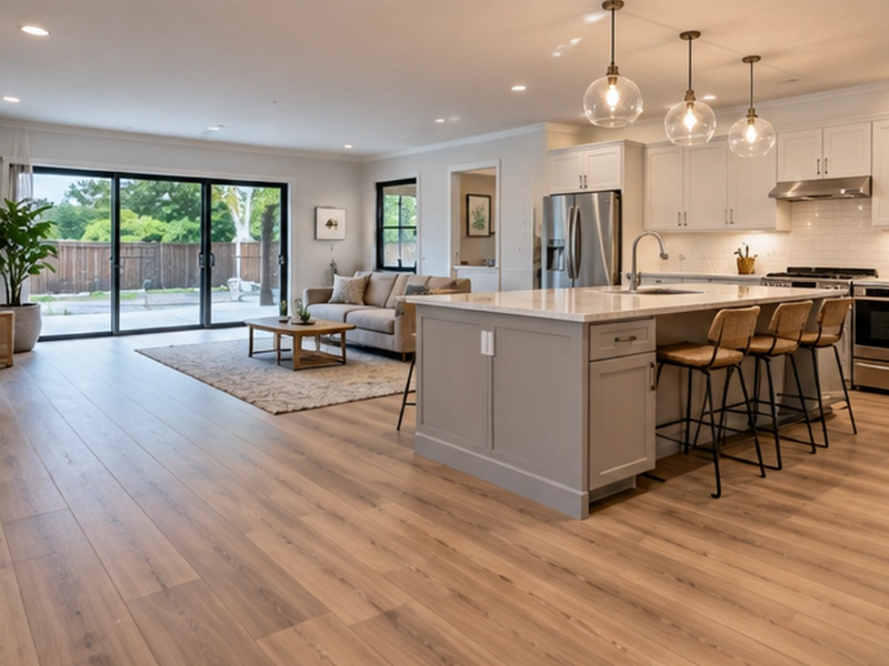 Modern open-concept kitchen and living room featuring newly finished wood-look plank flooring, white cabinetry, a large kitchen island, and natural lighting.