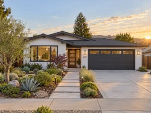 Modern single-story home with white stucco, dark garage door, wood front door, and drought-tolerant landscaping at sunset.