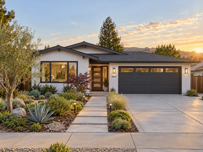 Modern single-story home with white stucco, dark garage door, wood front door, and drought-tolerant landscaping at sunset.
