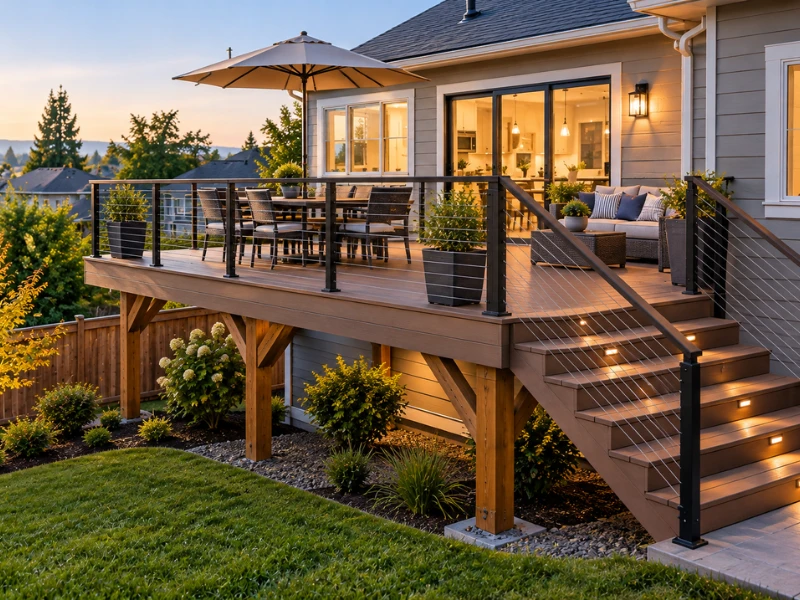 Raised deck with cable railing, lit stairs, and wood support posts, featuring an umbrella-covered dining set and planters beside a gray sided home at dusk.