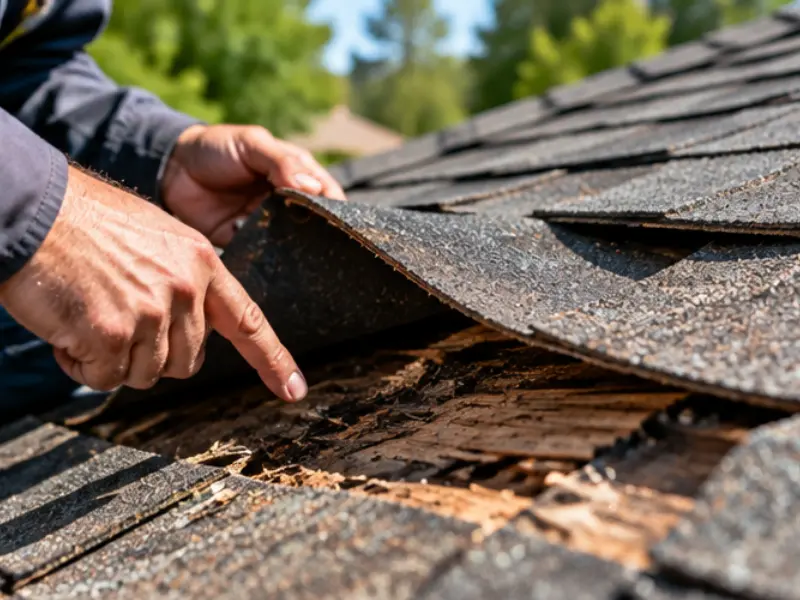 Roofing contractor pointing to rotted roof decking under lifted shingles during a damage inspection.