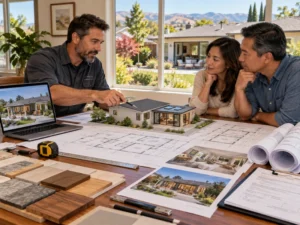 Contractor and homeowner reviewing blueprints in the driveway, with a new room addition under wood framing beside the house.