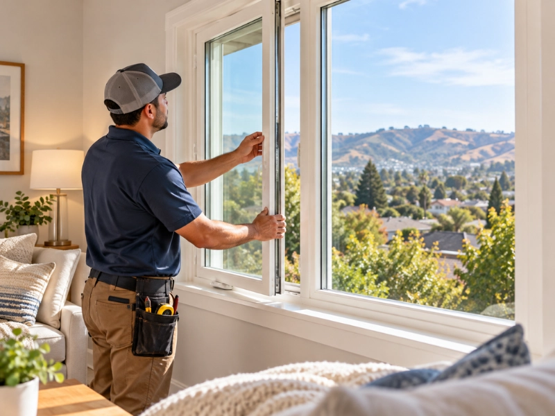 Window technician adjusting a new white-framed window inside a living room, with a hillside neighborhood visible through the glass.