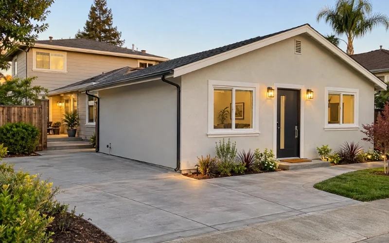 Finished garage conversion ADU with stucco walls, a dark front door, and wall lanterns, set beside a main house and driveway.