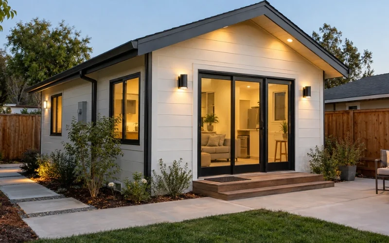 Modern accessory dwelling unit with white siding and glass sliding doors, lit warmly at dusk with a small wood deck and patio.