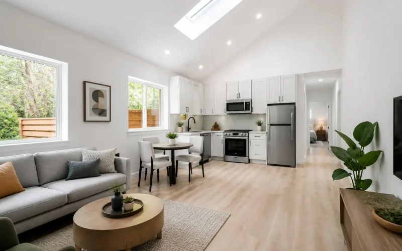 Finished ADU interior with an open kitchen, white cabinets, compact living area, light oak floors, and a vaulted ceiling with a skylight.