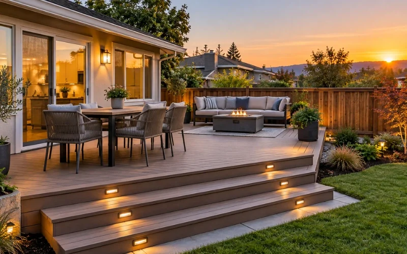 Backyard composite deck at sunset with lit stair risers, a dining table, a sectional sofa, and a fire table beside a wood fence and landscaped garden.