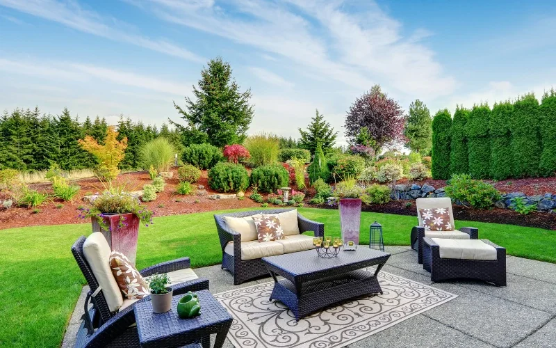 Backyard stone patio with wicker lounge furniture, an outdoor rug, and a manicured lawn with shrubs, evergreens, and flower beds.