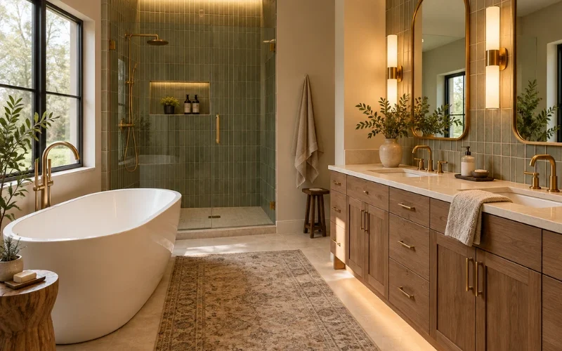 Remodeled primary bathroom with sage green tile walk-in shower, freestanding tub, and wood double vanity with brass fixtures.