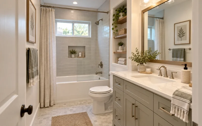 Updated bathroom with a tub-shower combo, tiled niche, built-in shelves and a gray vanity with a quartz countertop.