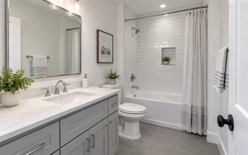 Remodeled hall bathroom with white subway tile tub and shower, gray shaker vanity, and quartz countertop.