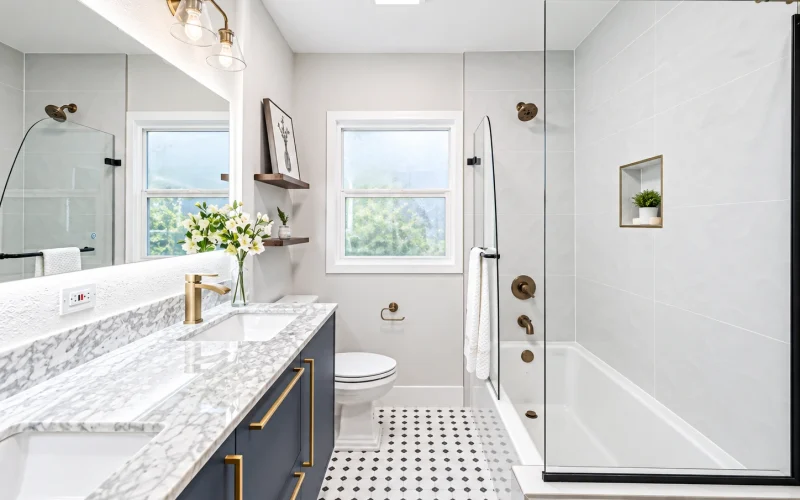 Bright remodeled bathroom featuring a navy vanity, marble countertop, brass fixtures, glass bathtub enclosure, and patterned tile floor.