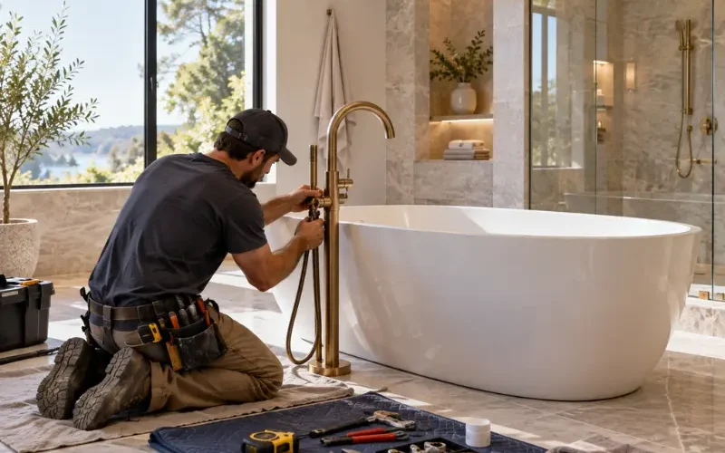 Plumber installing a brass floor-mounted tub filler beside a freestanding tub, with tools laid out on a mat and a glass shower behind.