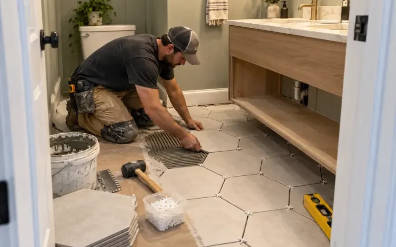 Contractor kneeling to set hexagon floor tile into thinset in a bathroom, with a floating wood vanity, tile spacers and a level beside him.