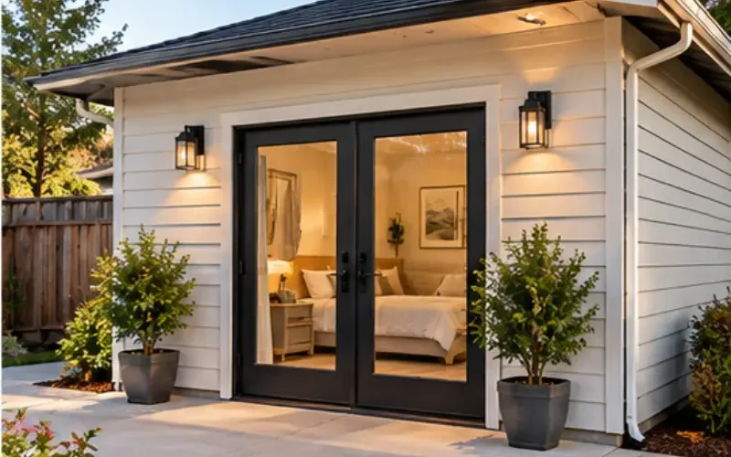 Completed garage conversion exterior in Castro Valley with modern black French doors, updated siding, landscaping, and a finished patio entrance.
