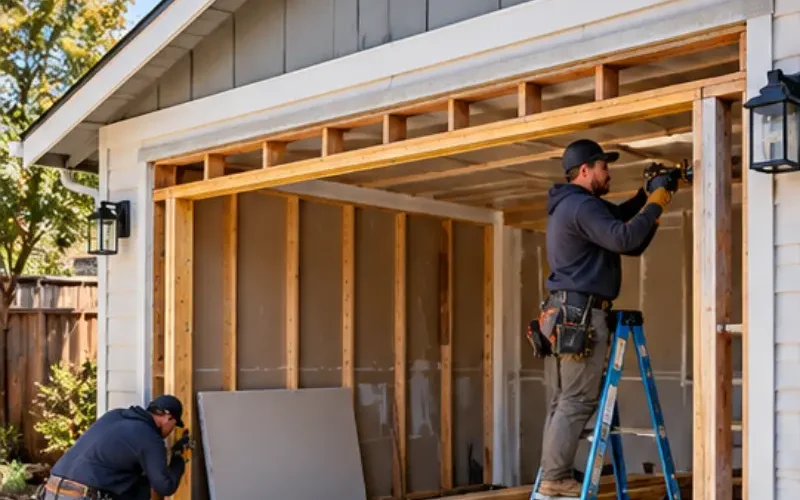Contractors framing and preparing a residential garage in Castro Valley for conversion into finished living space.