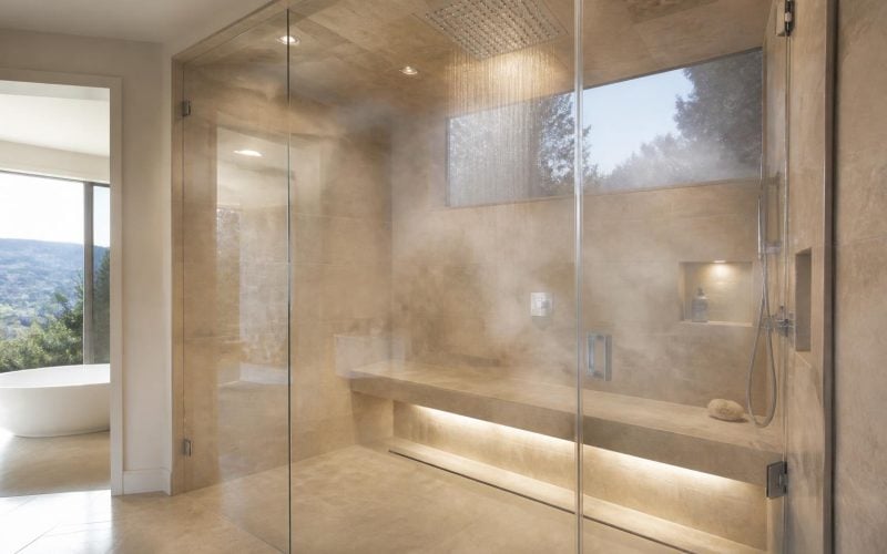 Curbless walk-in steam shower with floor-to-ceiling frameless glass, a rain shower head, a lit built-in tile bench, and warm travertine-look porcelain tile.