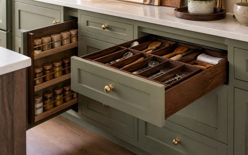 Custom sage green inset shaker kitchen cabinets with brass knobs, an open drawer with walnut utensil dividers, and a pull-out spice rack.
