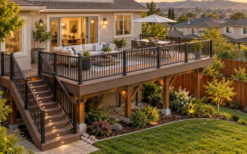 Elevated backyard deck with black metal railing, lit stairs, timber support posts, and an outdoor lounge and dining area overlooking a landscaped yard.