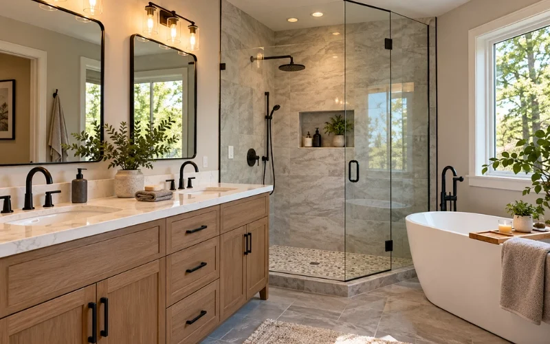 Renovated bathroom with a corner frameless glass shower, pebble floor, oak double vanity and freestanding tub.