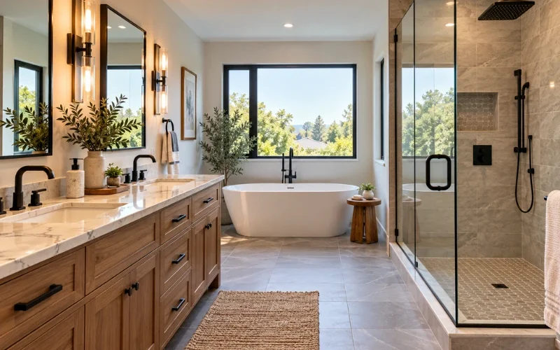 Custom primary bathroom remodel with a double vanity, freestanding soaking tub under a large window and frameless glass shower.