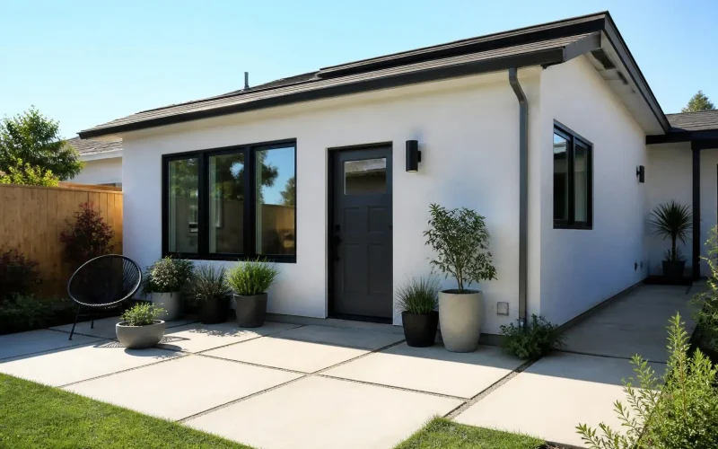Garage converted into a junior ADU with the garage door replaced by windows and a front door, fresh stucco, and a small patio with plants.