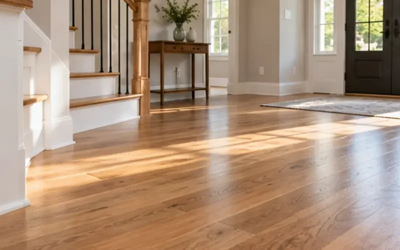 Polished oak hardwood flooring in a sunlit entryway beside a staircase with black iron balusters and a wood console table.