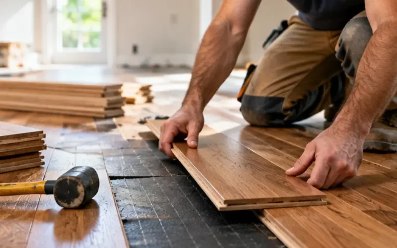Installer laying engineered hardwood flooring planks over an underlayment during a hardwood floor installation, with a rubber mallet and stacked boards nearby.