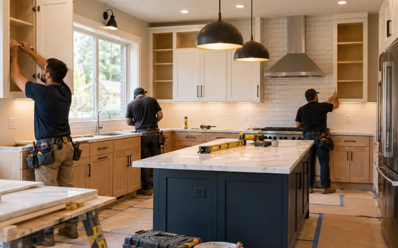 Kitchen remodeling crew installing upper cabinets and finishing a navy island with a marble countertop, with subway tile backsplash and range hood in place.